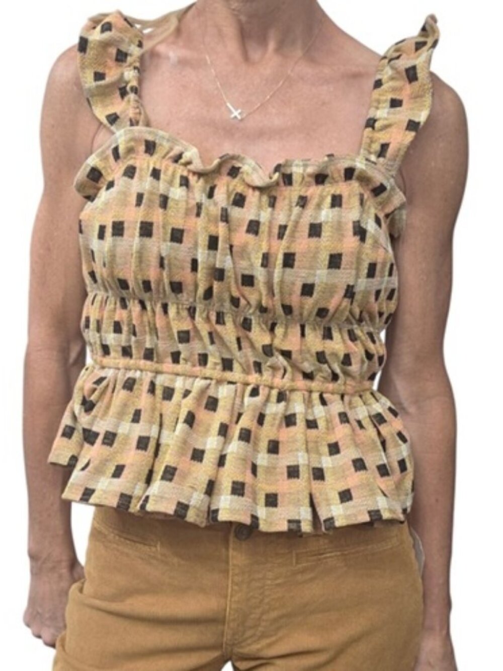 Eva Franco XS Smocked Ruffle Peplum Top Brown Check Square Neck